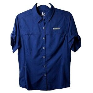 Field & Stream Shirt Women MD Blue Vented Roll Tab Fishing Zip Pocket Short SL